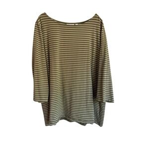Denim & Co Womens Olive Green Striped Boat Neck 3/4 Sleeve Top 3XL A226279